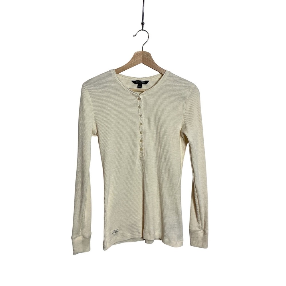 Lauren Ralph Lauren Medium Cream Ribbed Cotton Blend Henley Preppy Quiet Luxury